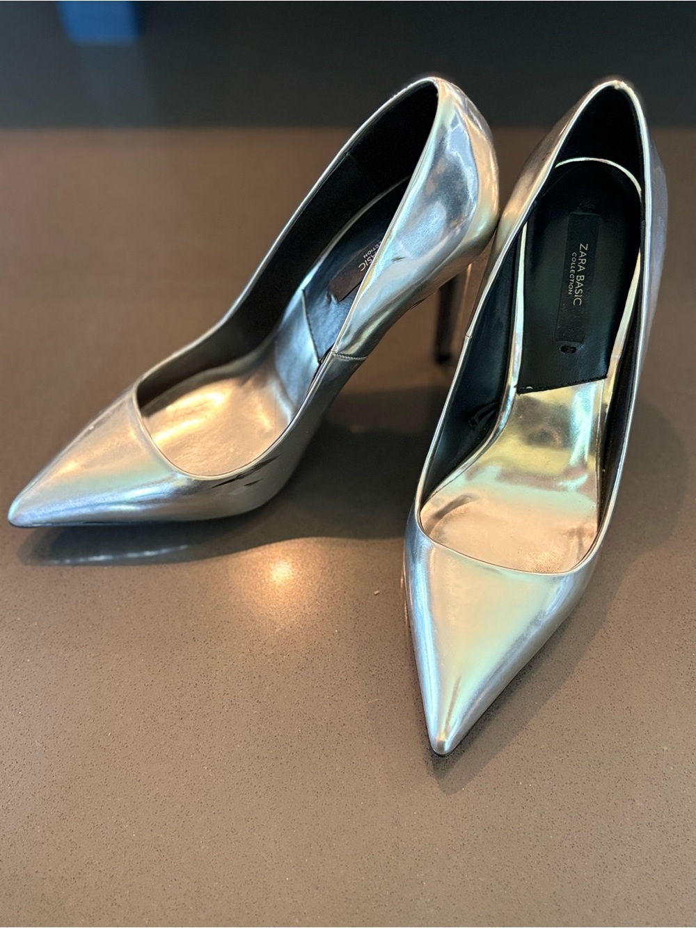 Zara Metallic Silver Pointed Toe Stiletto Pumps